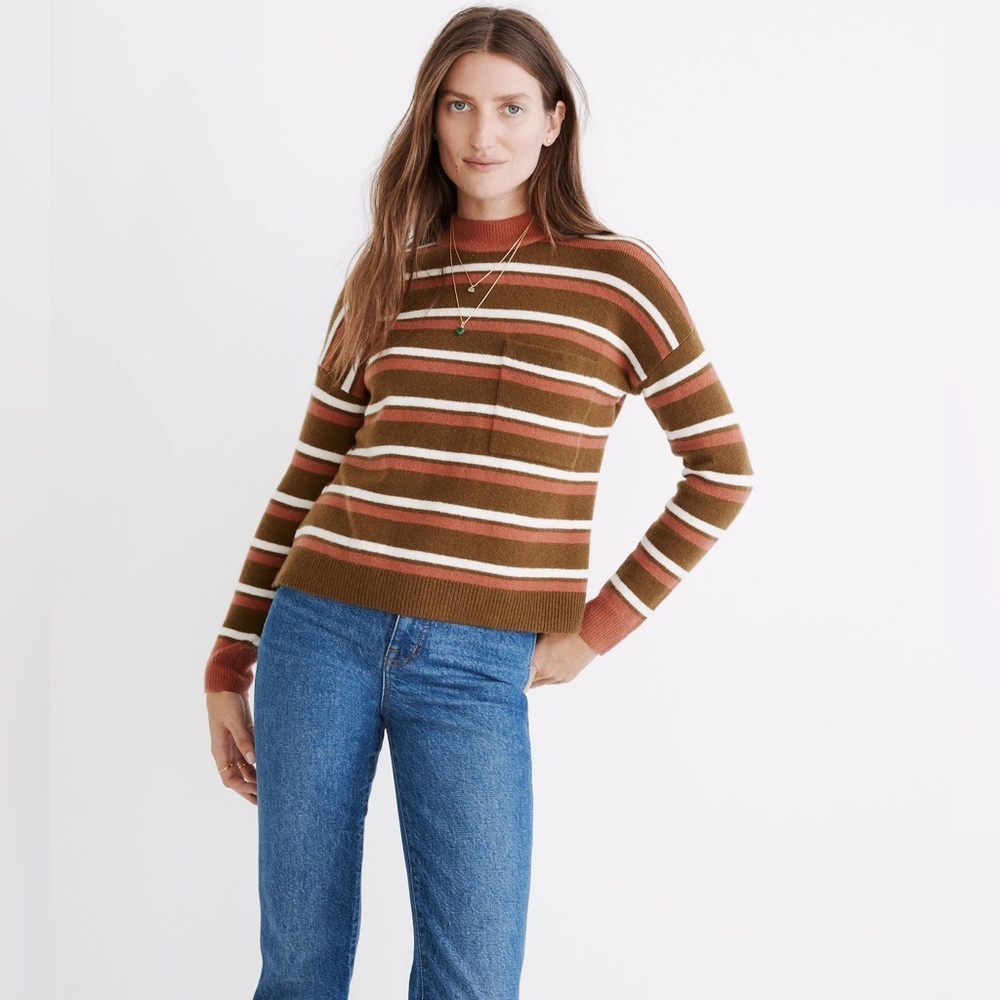 Madewell Redmond Mockneck Pocket Sweater Size Small Stripe Relaxed Wool Blend